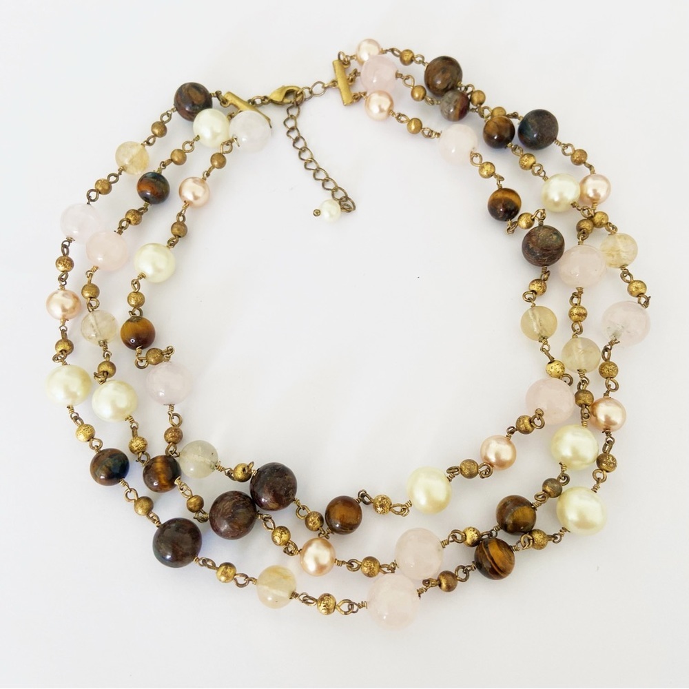 Genuine tigers eye, rose quartz, faux pearl 3 strand graduated length necklace